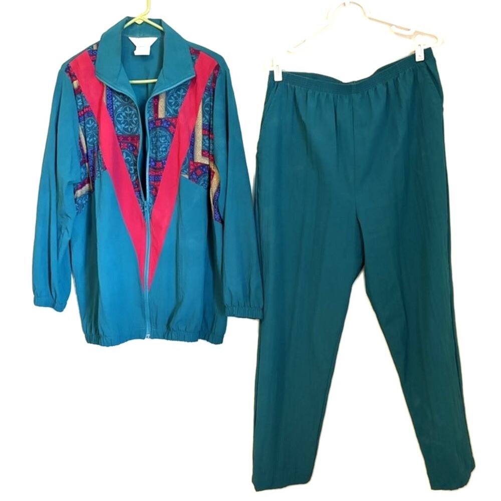 Vintage Blair Boutique 2PC Teal Green Windbreaker Track Suit Size L 80s